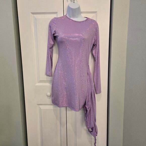 Pretty Little Things Lilac Sparkle Ruched Cut Out Mini Dress SZ 4 Rave Party - Picture 8 of 11